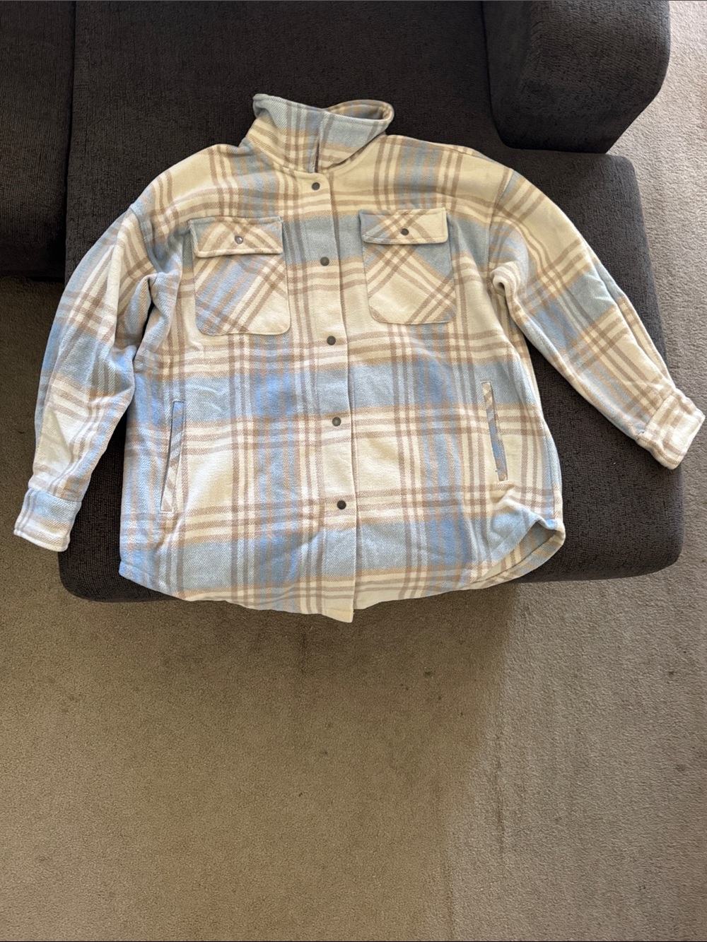 Light Blue and Cream Plaid Utility Shacket
